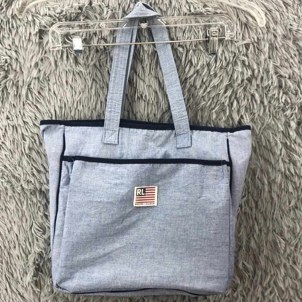 RL Ralph Lauren Tote Bag Blue Logo Diaper Bag Double Handle Pockets